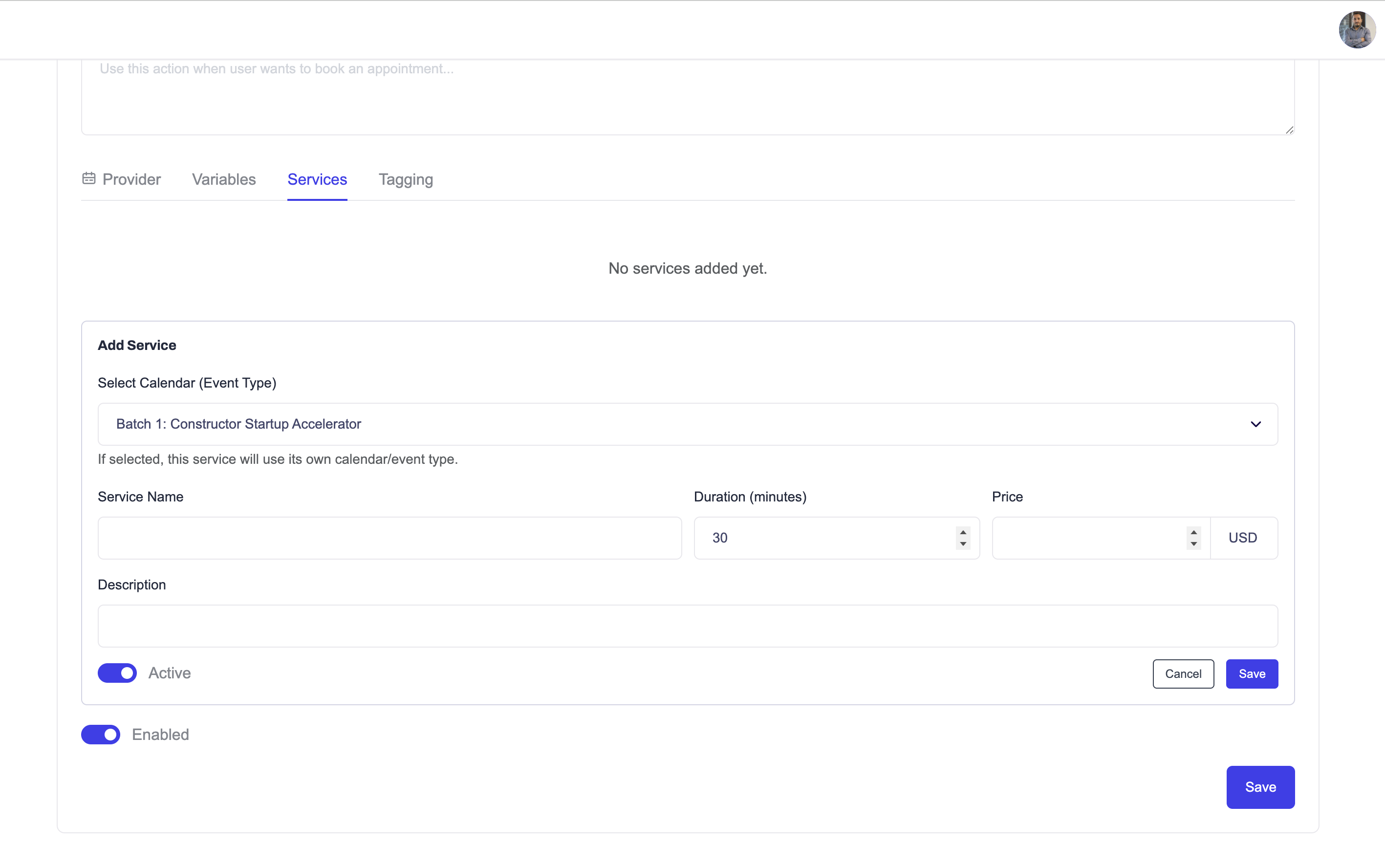Service Calendar Selection