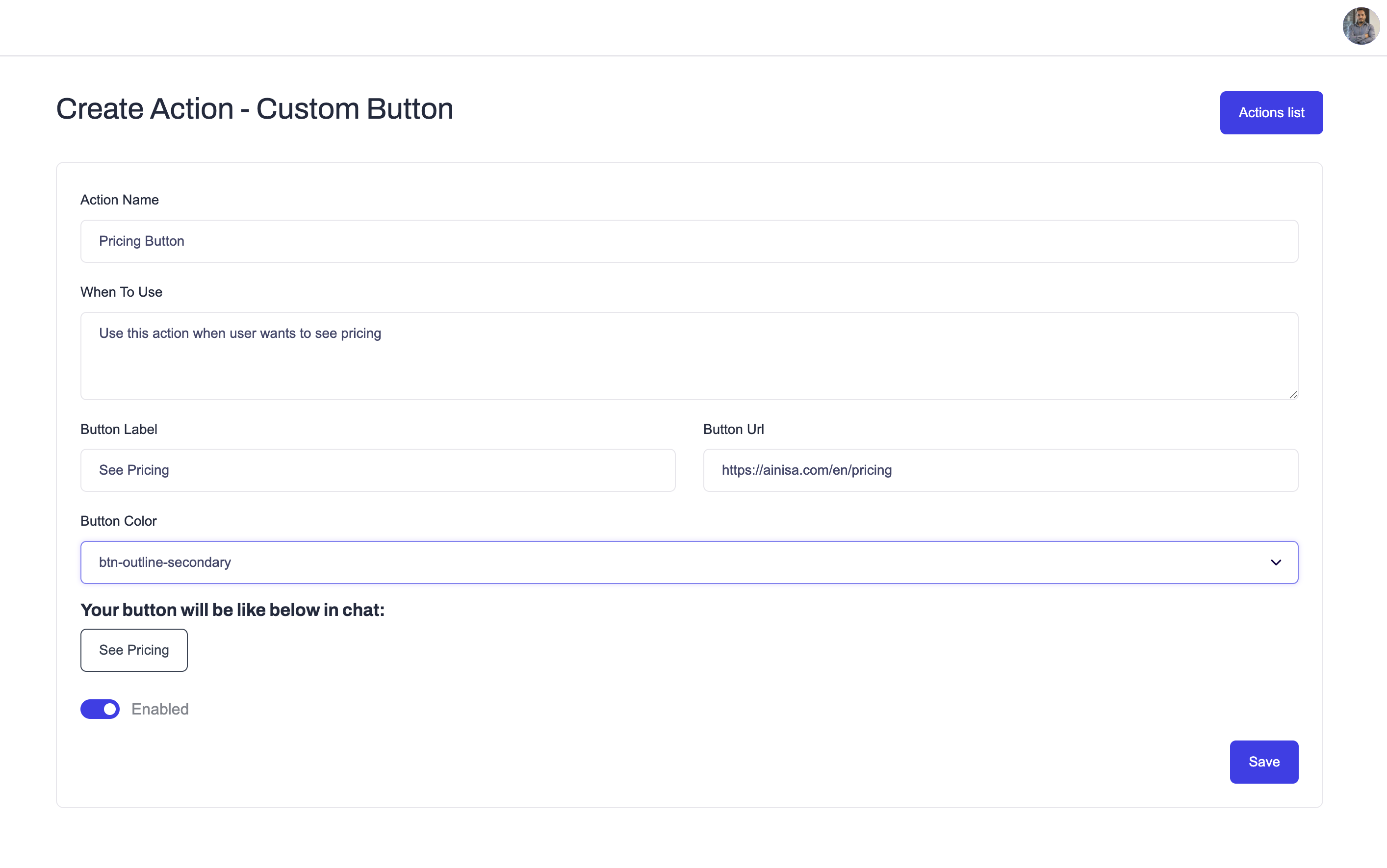 Create Action – Custom Button
