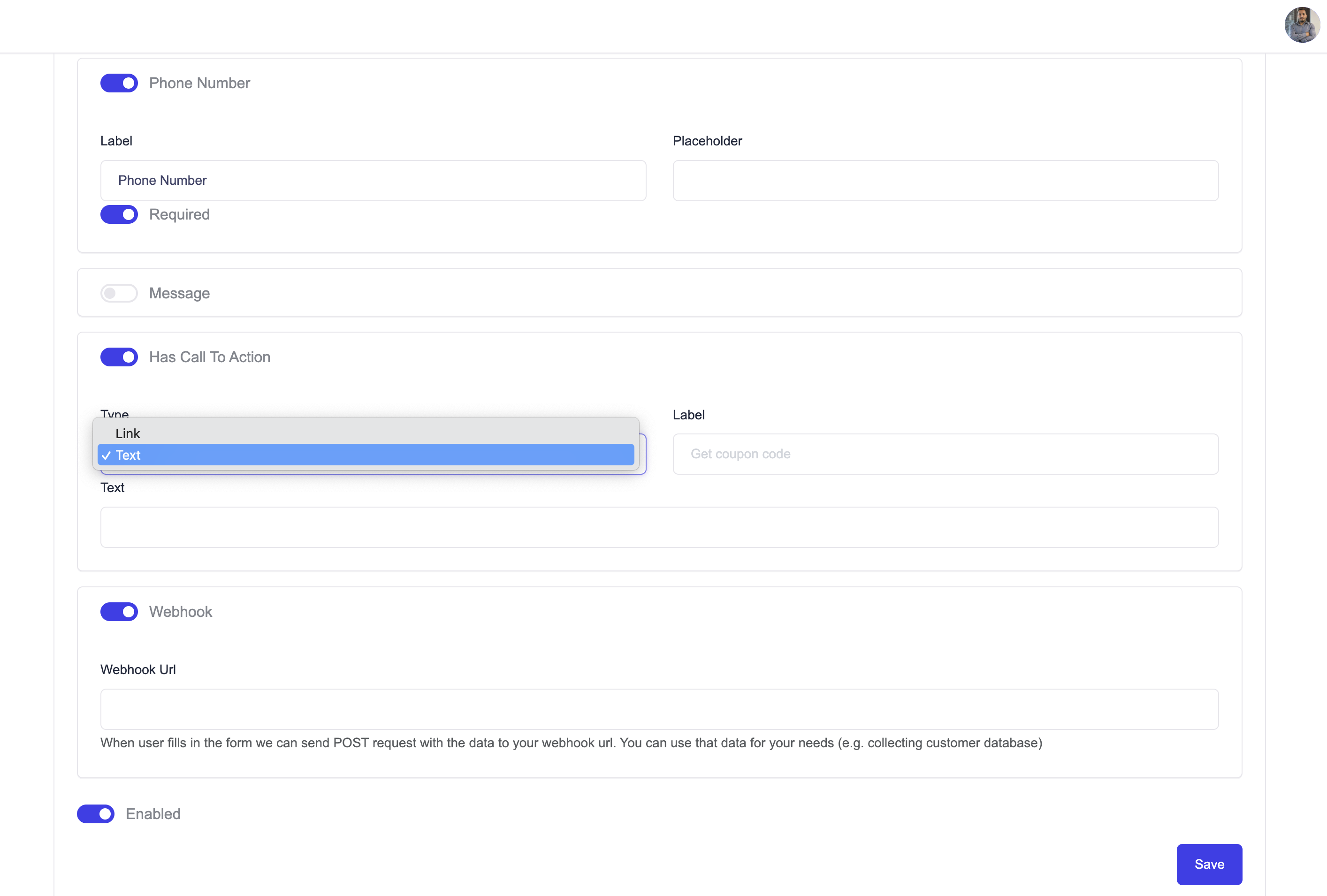 Form with CTA and Webhook Settings