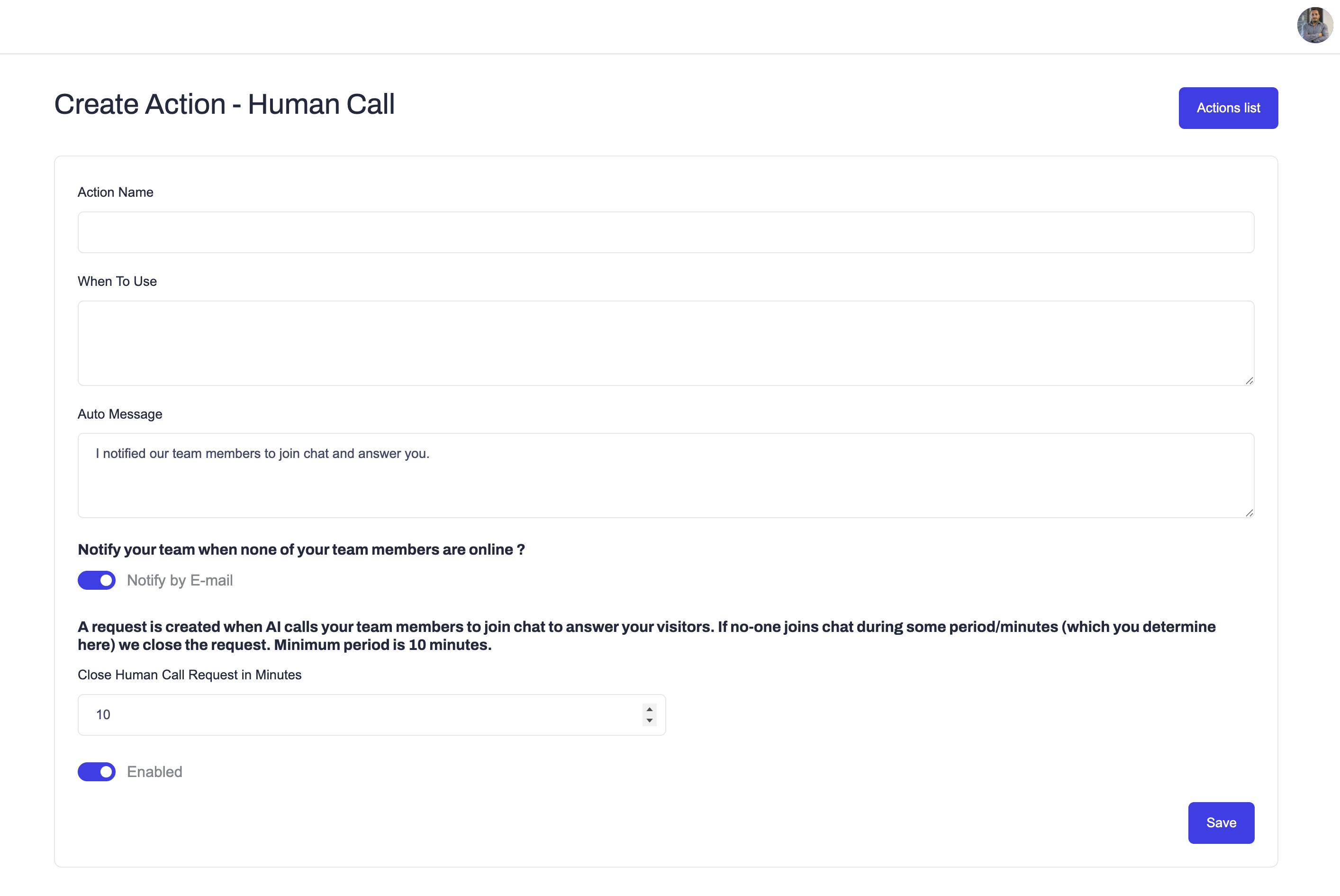 Create Action – Human Call