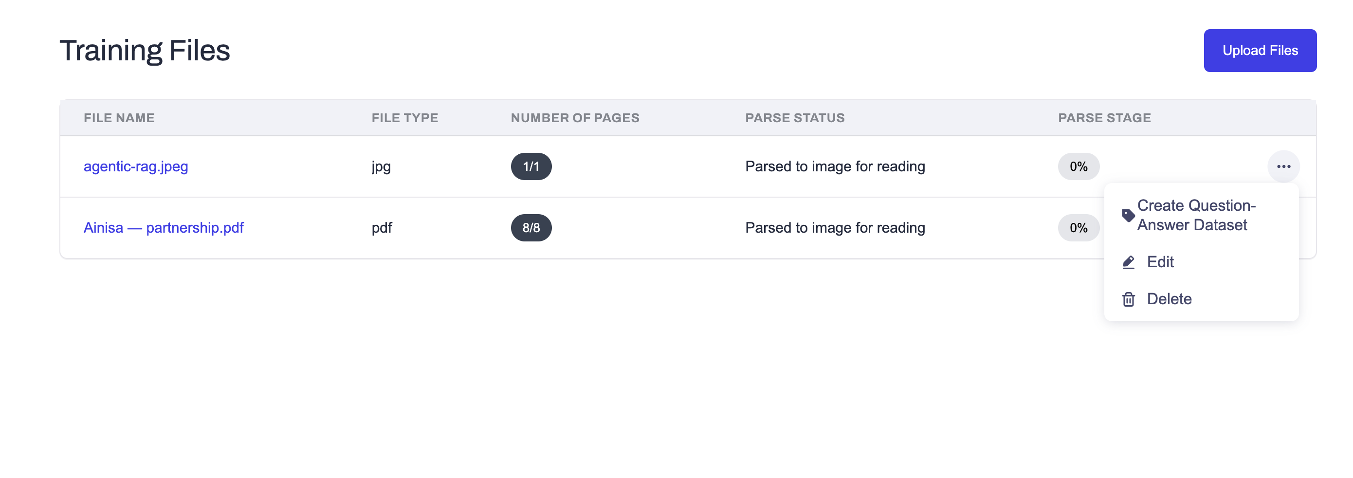 Training Files actions menu